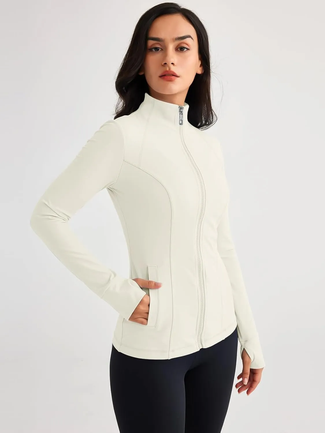 Women’s Full Zip Athletic Jacket – Breathable Lightweight Zip-Up Hoodie with Stand-Up Collar, Thumb Holes, and Zipper Pockets for Exercise and Outdoor Activities