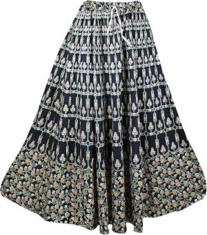 Womens Maxi Skirt, Floral Printed Flared Long Skirts, Black Cotton Skirts S/M