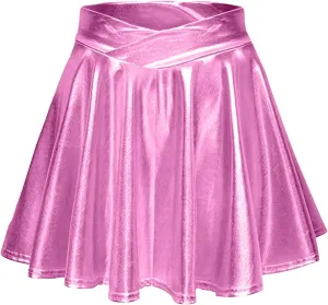 Womens Metallic Skirt Rave Carnival Shiny Flared High Waist Mini Holographic Pleated Skirts for Women