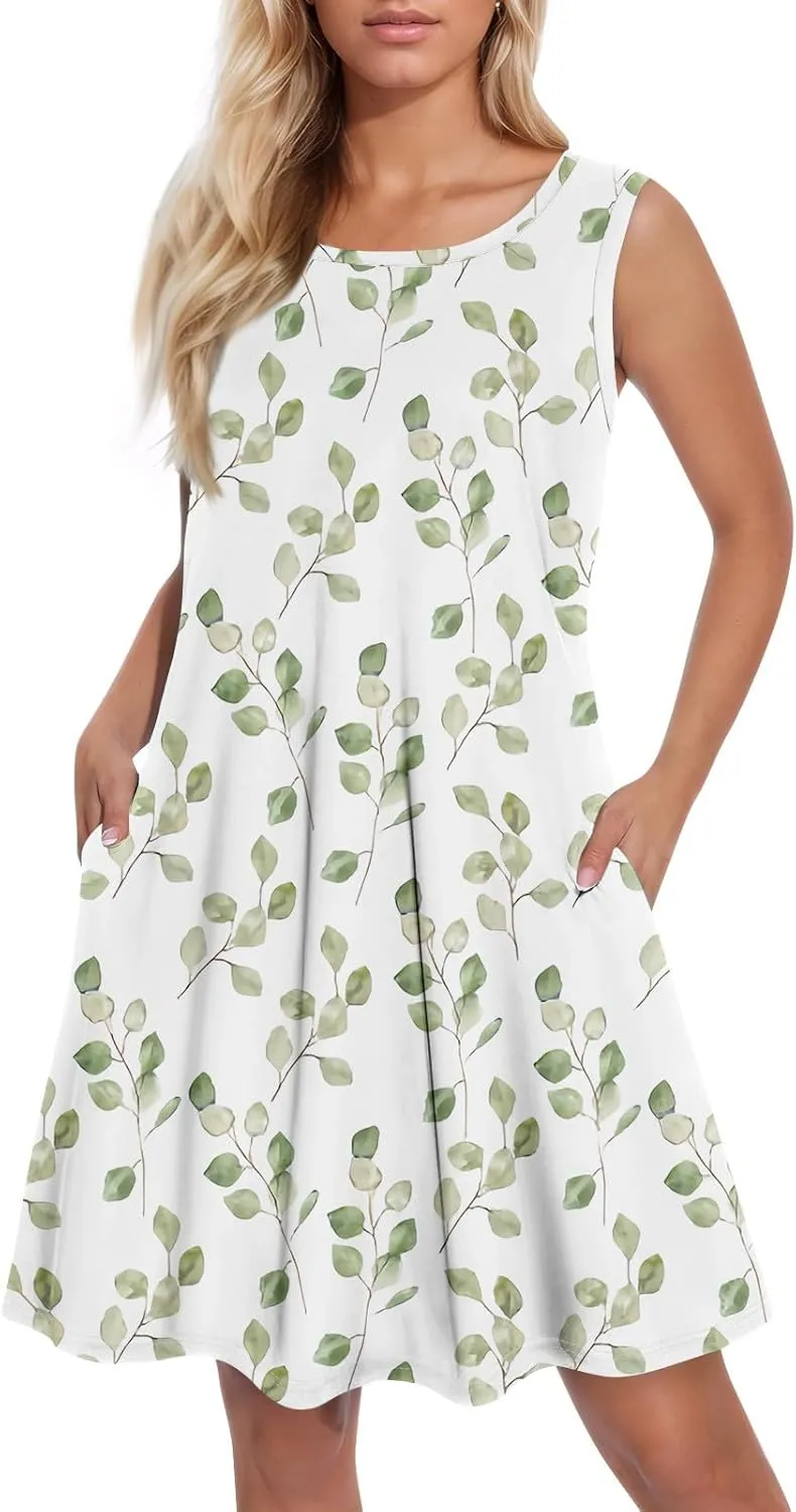 Women's Sleeveless Floral Print Casual A-Line Dress with Pockets, Summer Summer for Beach and Everyday Wear