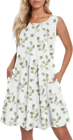 Women's Sleeveless Floral Print Casual A-Line Dress with Pockets, Summer Summer for Beach and Everyday Wear