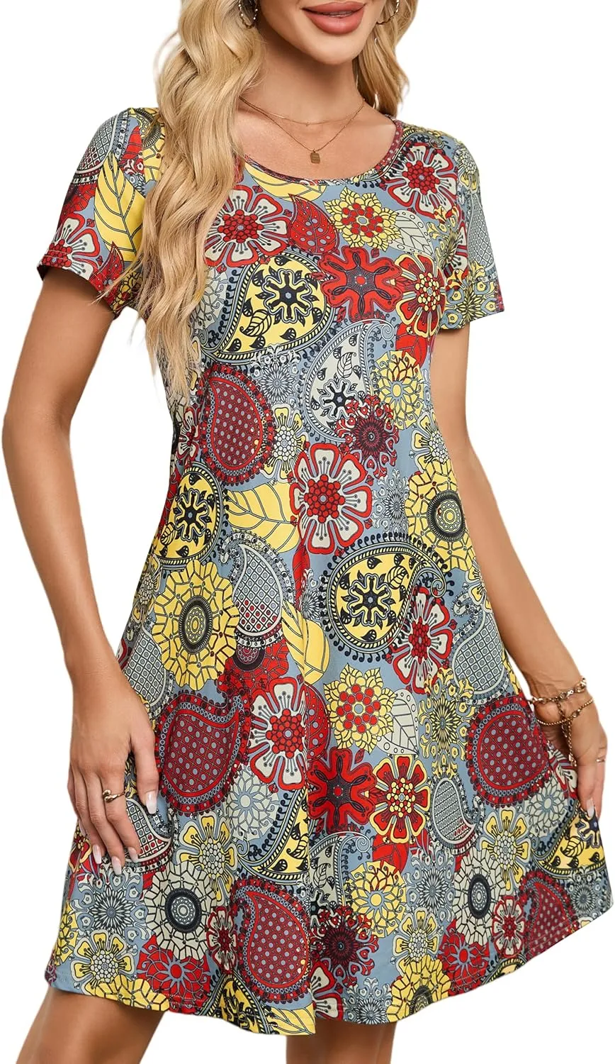 Womens Summer Casual Dresses Paisley Floral T Shirt Dress Short Sleeve Plus Size Sundress Swing Boho Dress with Pockets