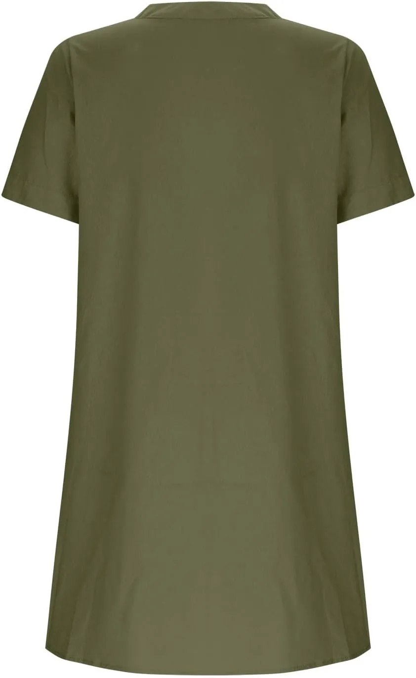 Womens Summer Dresses Loose Fit V Neck Short Sleeve T Shirt Dresses Casual Solid Color Button Down Mini Tunic Dress