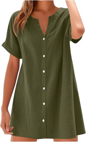 Womens Summer Dresses Loose Fit V Neck Short Sleeve T Shirt Dresses Casual Solid Color Button Down Mini Tunic Dress
