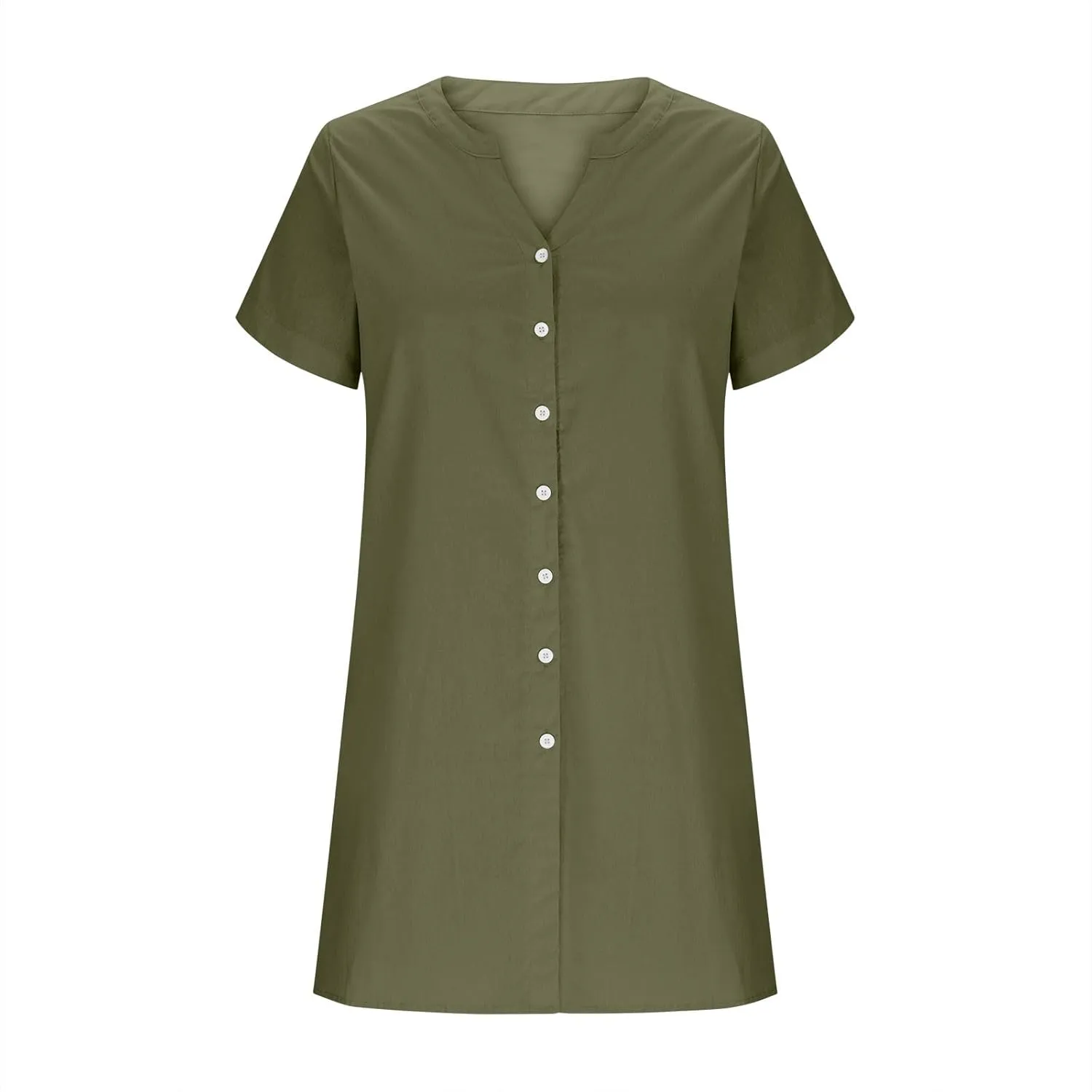 Womens Summer Dresses Loose Fit V Neck Short Sleeve T Shirt Dresses Casual Solid Color Button Down Mini Tunic Dress