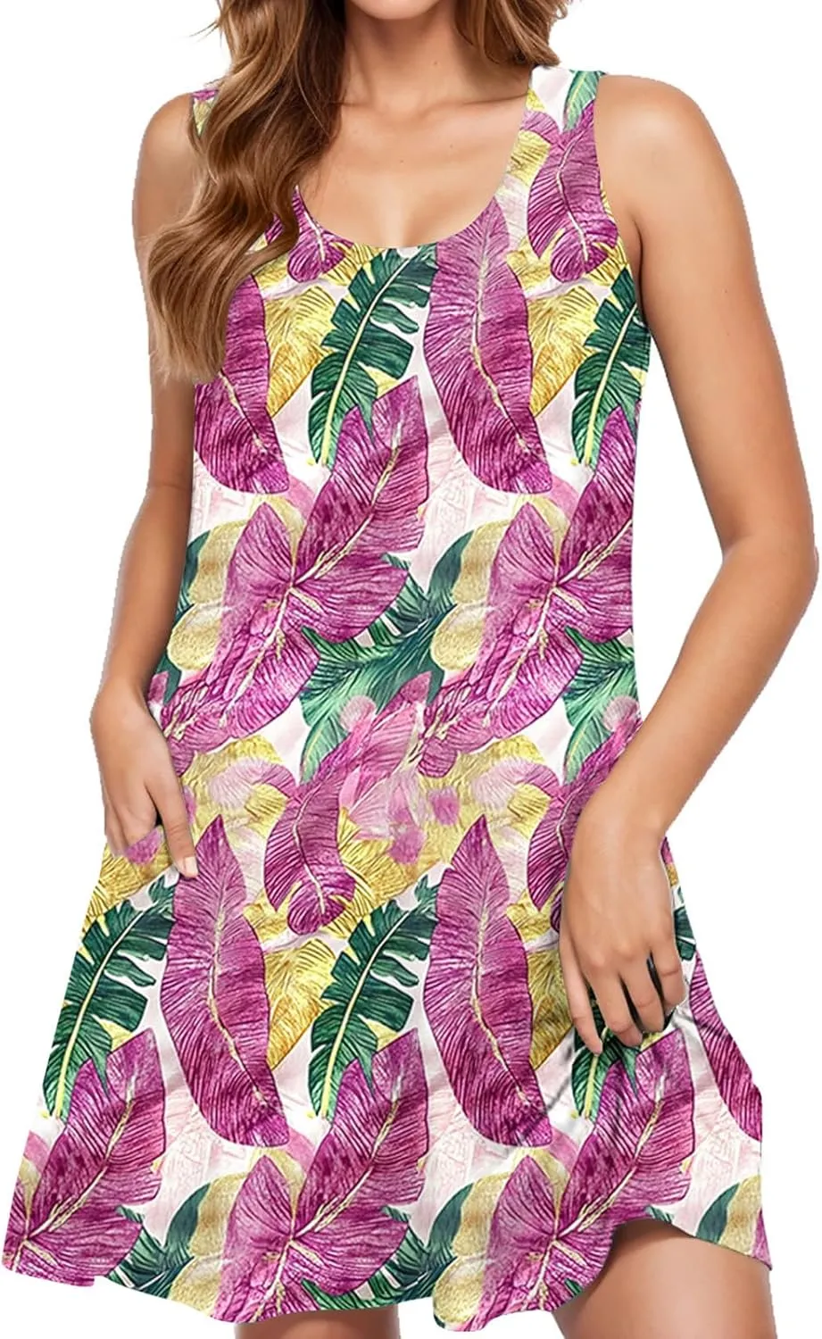 Womens Sundress with Pockets Summer Casual Sleeveless Tank Dress Floral Print Bohemian Dresses Vacation Clothes
