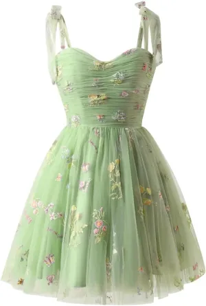 Women's Tie Strap Tulle Prom Dresses Sweetheart Flower Embroidery Dress Short Formal Party Mini Homecoming Dresses