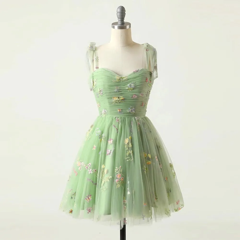 Women's Tie Strap Tulle Prom Dresses Sweetheart Flower Embroidery Dress Short Formal Party Mini Homecoming Dresses