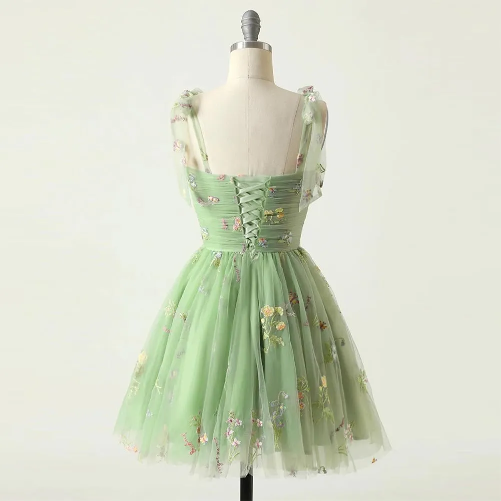 Women's Tie Strap Tulle Prom Dresses Sweetheart Flower Embroidery Dress Short Formal Party Mini Homecoming Dresses