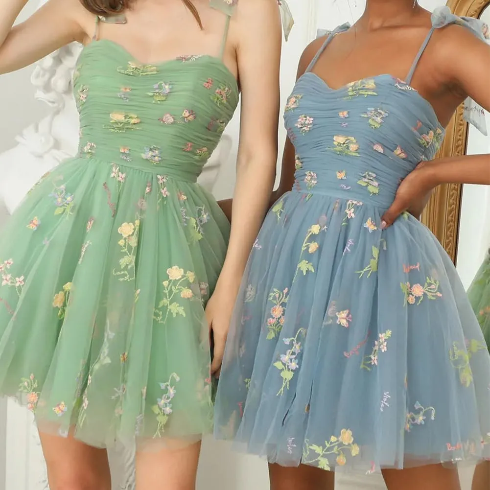 Women's Tie Strap Tulle Prom Dresses Sweetheart Flower Embroidery Dress Short Formal Party Mini Homecoming Dresses