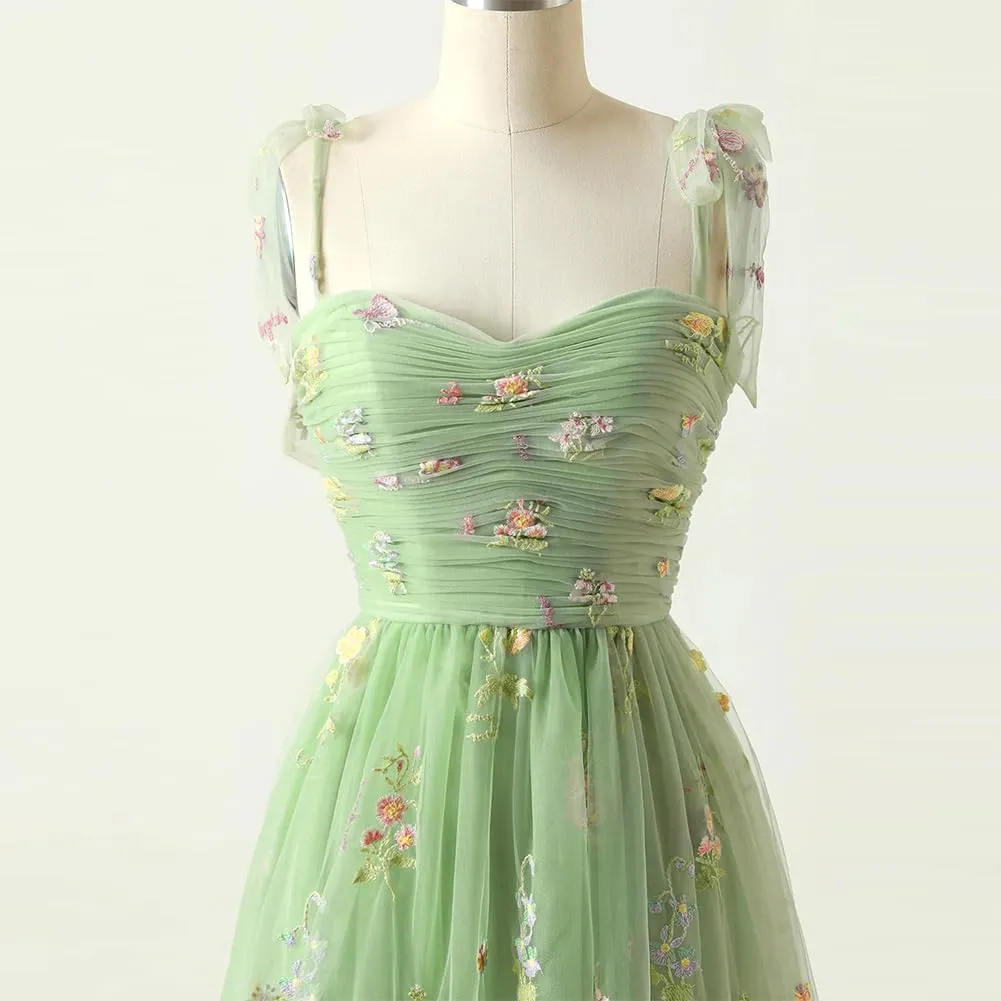 Women's Tie Strap Tulle Prom Dresses Sweetheart Flower Embroidery Dress Short Formal Party Mini Homecoming Dresses